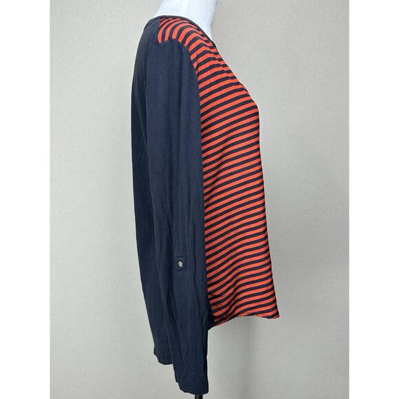 Michael Kors Women’s Sz L Navy Orange Striped Top Long Sleeve V-Neck - Picture 3 of 15